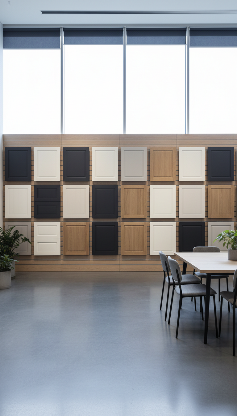 An organized wall of high-quality kitchen cabinet doors in varying neutral tones—charcoal, ivory, and natural oak—displayed on a floor-to-ceiling slatwall within a spacious, contemporary meeting area. The environment is immaculate, featuring polished concrete flooring and a minimalist décor. Cool, diffused daylight streams in from large glass windows, creating soft, natural highlights and gentle shadow play across the structured display. The mood is calm, sophisticated, and inviting, suggesting efficiency and expertise. The camera angle is slightly elevated, ensuring a comprehensive, structured view. The image is rendered in clean photographic realism with precise composition, supporting the site’s focus on premium distribution services.
