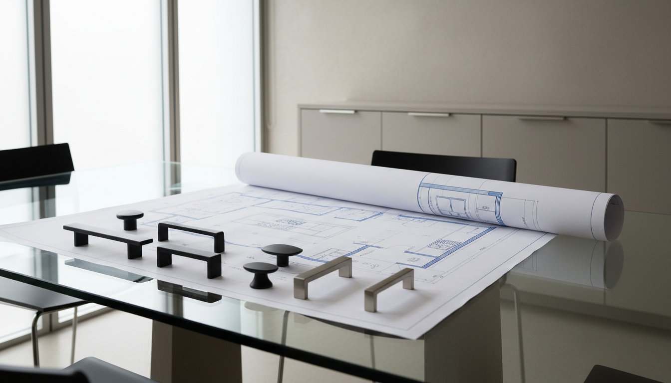 A minimalist-style glass meeting table with a precisely placed blueprint of a modern kitchen layout, accompanied by elegant cabinet hardware samples in matte black and brushed nickel. Surroundings include neutral-accented office walls and a hint of closed cabinetry in the distance. Natural daylight softly enters through frosted glass panels, illuminating the layout and casting gentle, well-defined shadows. The mood is strategic and forward-thinking, suggesting collaborative planning. Captured from an angled, eye-level perspective with clear focus on the blueprint, the image embodies clean, balanced composition, fitting the professional, structured, photographic image style of a leading sales agency site.