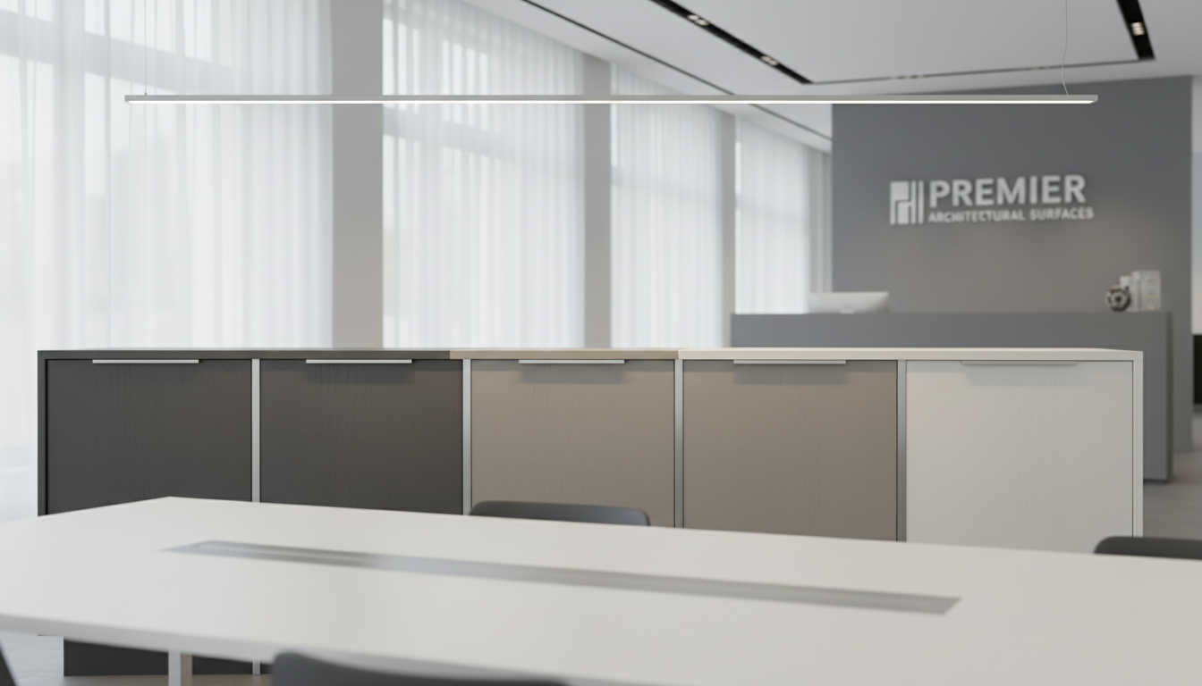 A sleek display of premium kitchen cabinet samples in muted shades of gray, taupe, and soft whites, each panel with a subtle matte finish and fine woodgrain texture. The cabinets are arranged on a pristine white conference table in a modern, light-filled office showroom. Gentle overhead LED lighting casts balanced, shadow-free illumination, highlighting clean lines and understated hardware. The mood is professional and polished, exuding trust and expertise. Captured from an eye-level perspective with a sharp focus throughout, the composition is balanced and uncluttered, reflecting a corporate, photographic realism style that reinforces the company's reputation as a top-tier sales agency.