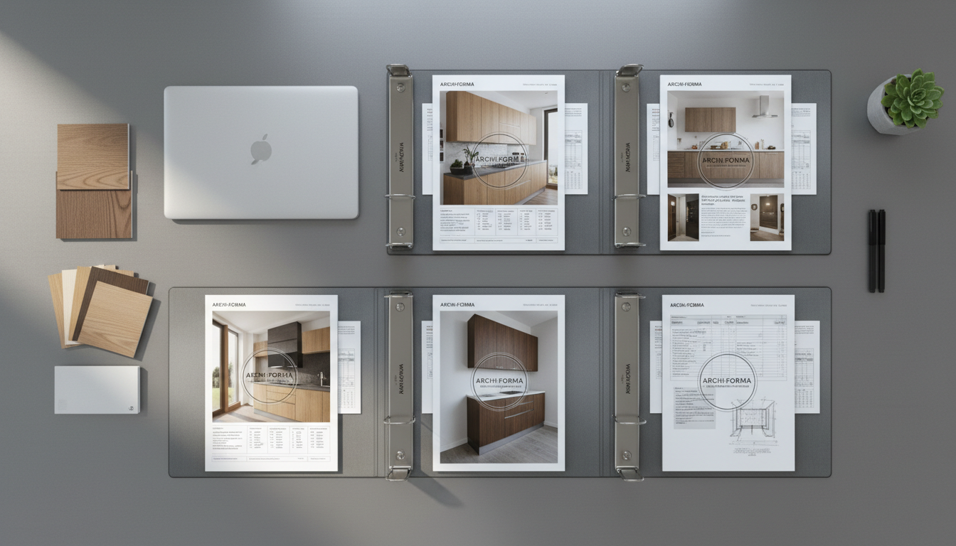 A set of branded binder folders with embossed logos, filled with detailed sales documents and kitchen cabinetry catalogs, arranged neatly atop a brushed steel desk surface. In the background, there is a tidy arrangement of sample wood swatches and a closed laptop, all within a crisply organized office workspace. Soft, indirect natural light filters in from off-frame, producing subtle highlights on the metallic desk and folders without harsh shadows. The atmosphere conveys order, competence, and attention to detail. Captured with an overhead, top-down view for a clear, structured composition, the image is in a modern, professional photographic style with a minimalist, corporate aesthetic that suits a consulting business.