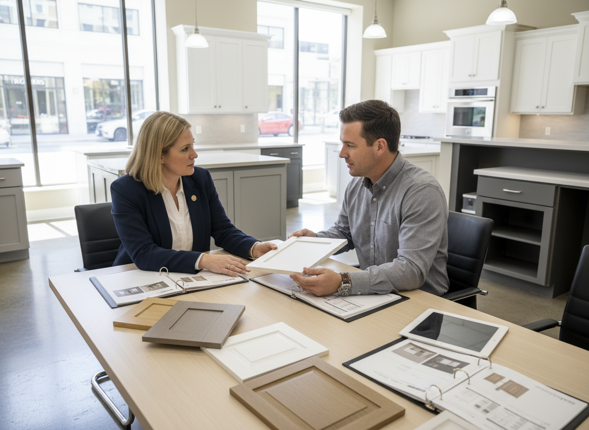 A professional marketing and sales enablement meeting focused on kitchen cabinet products: a sales representative and a dealer reviewing cabinet door samples, pricing sheets, and merchandising plans at a clean conference table in a modern showroom. Neutral color palette, corporate, photographic realism, relationship-focused interaction.